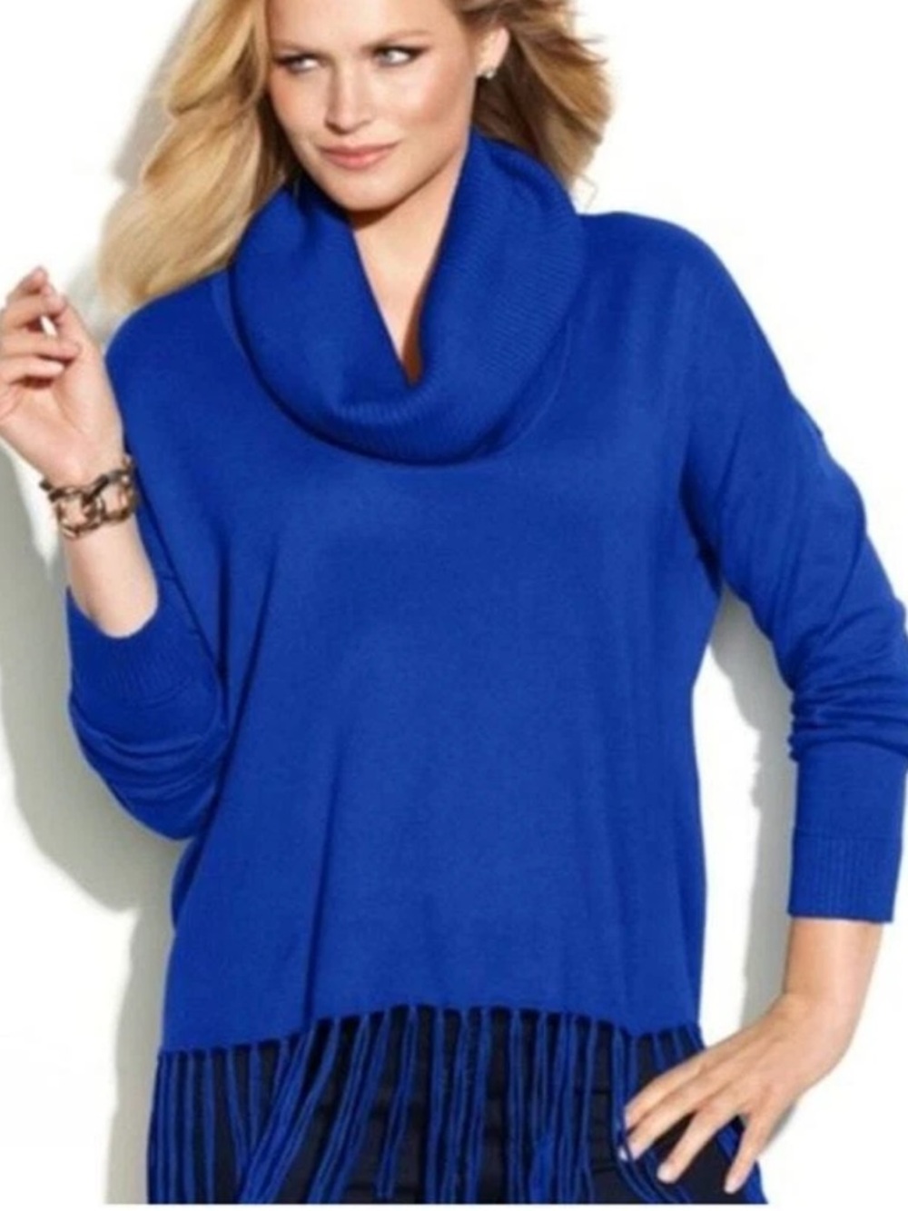 Michael Kors Royal Blue Cowl Neck Fringe Sweater Medium